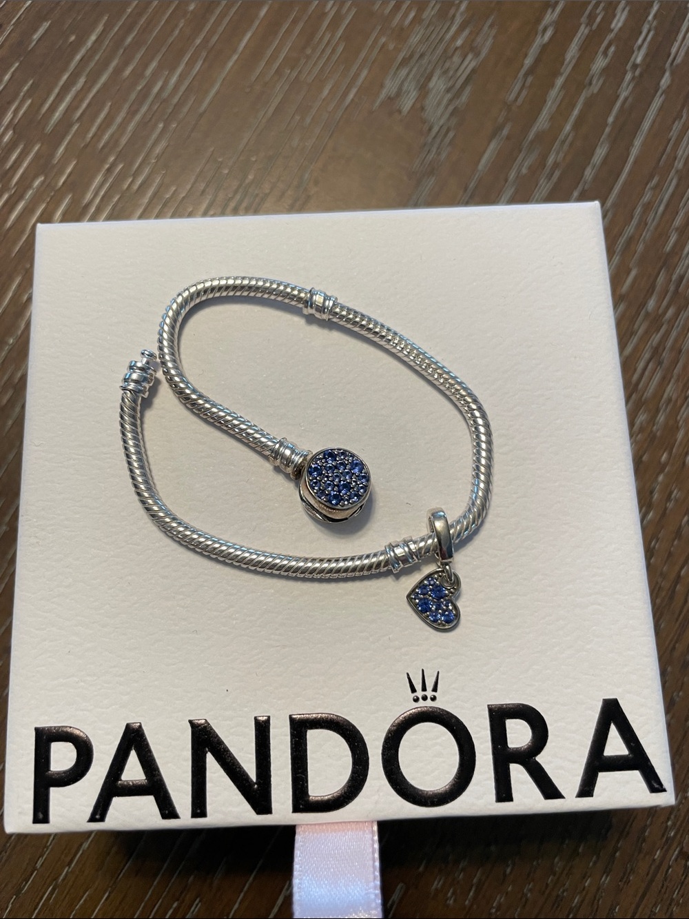Pandora Silver Bracelet with Blue Pavé Round and Heart Charms
